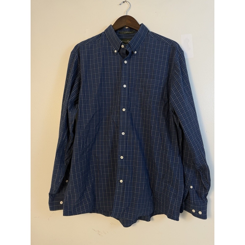 Eddie Bauer Wrinkle Resistant Shirt Men's Large Blue Check Relaxed Fit Cotton
